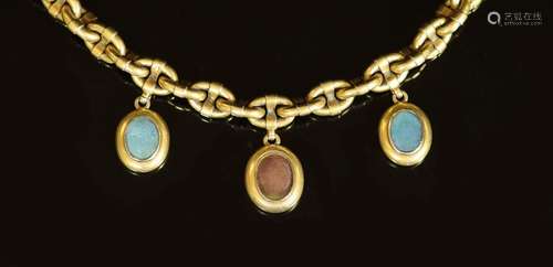 A Victorian gold oval link memorial bracelet, hung with thre...