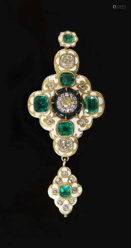 A good Victorian gold, white enamel, emerald and diamond dro...