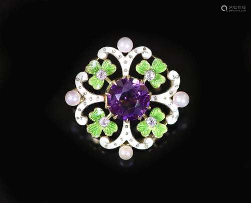 An early 20th century pierced gold, amethyst, seed pearl, gr...