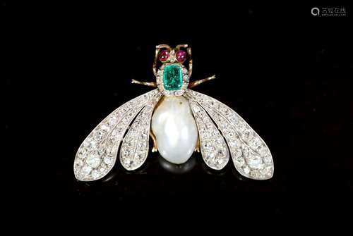 A cased late Victorian gold, baroque pearl, emerald ruby and...