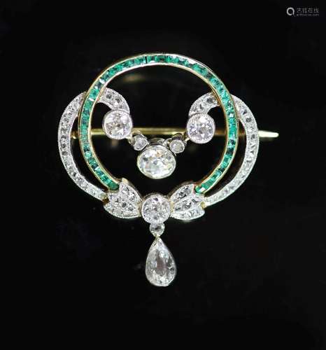 A 1920's gold and platinum, emerald and diamond set ope...