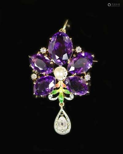 An early 20th century style continental gold, amethyst, seed...