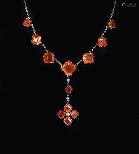 An early 20th century gold, fire opal and diamond drop neckl...