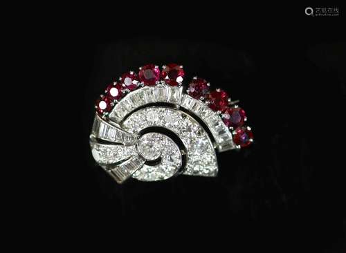 A mid 20th century white gold, ruby and diamond set fan shap...