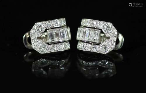 A pair of French Art Deco style 18ct gold, round and baguett...