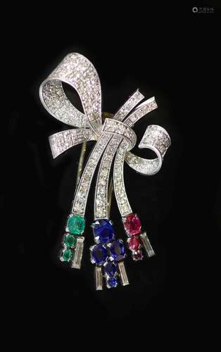 A mid 20th century Viennese platinum, ruby emerald, sapphire...