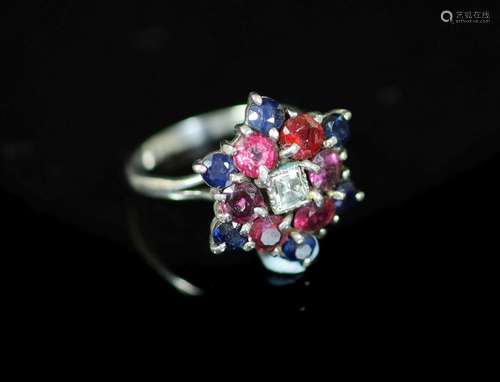 A mid 20th century platinum, ruby, sapphire diamond and amet...