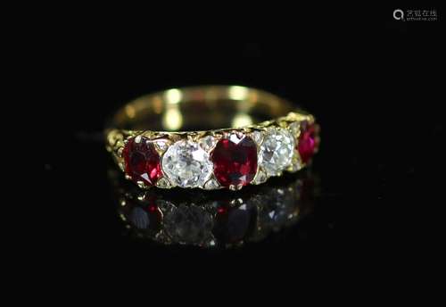 A Victorian style gold, three stone ruby and two stone diamo...