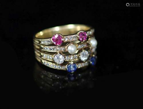 A mid 20th century gold, ruby, diamond sapphire and seed pea...