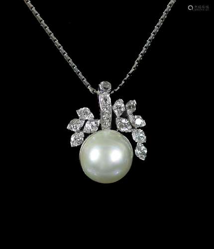 A white gold, mabe pearl and diamond cluster set pendant