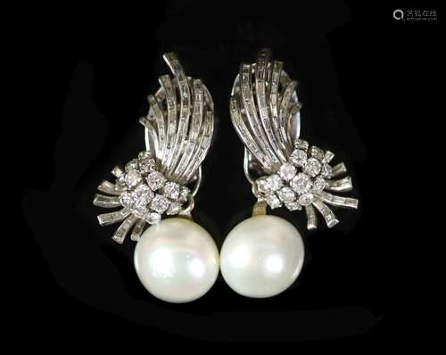 A pair of platinum, pearl and round and baguette cut diamond...