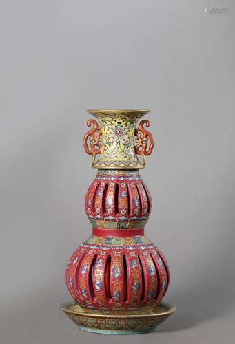 A Chinese Porcelain Famille-Rose Double-Gourd Vase Marked Qi...