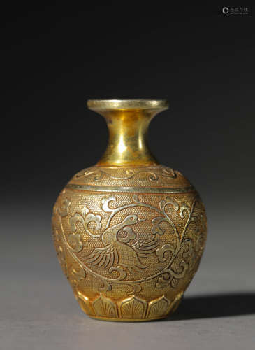 A Chinese Gold Plated Sterling Silver rosefinch vase