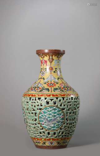 A Chinese Porcelain Famille-Rose Fish Vase Marked Qian Long