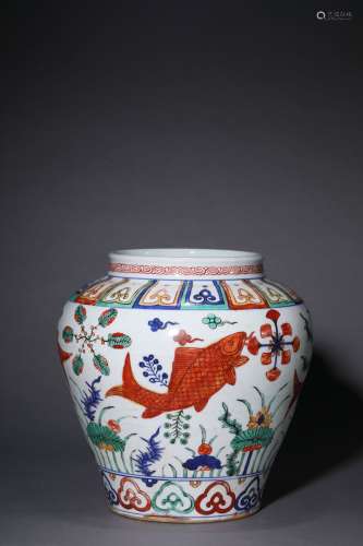 A Chinese Porcelain Wucai Fish Jar Marked Jia Jing