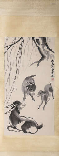 A Chinese Scroll Painting of Rams by Lou Shi Bai