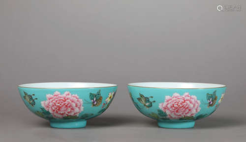 A Pair of Chinese Porcelain Turquoise-Ground Famille-Rose Bu...