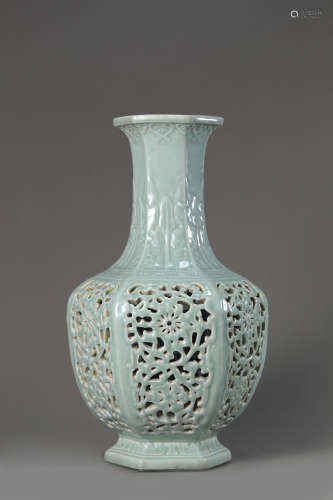 A Chinese Porcelain Grey-Glazed Hexagonal Vase Marked Qian L...