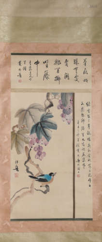 A Chinese Scroll Painting of Flowers and Birds by Huang Huan...