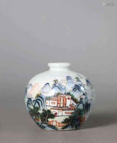 A Chinese Porcelain Famille-Rose Mountain and River Jar Mark...