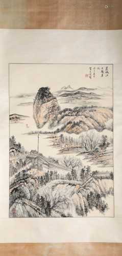A Chinese Scroll Painting of Mountains and Rivers by He Tian...