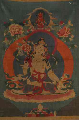 A Chinese Silk Painting of White Tara Statue Marked Jia Jing