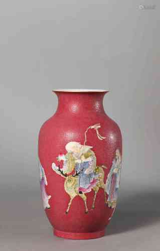 A Chinese Porcelain Famille-Rose Red-Glazed Story Vase Marke...