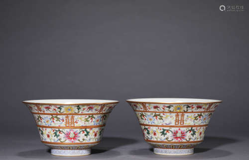 A Pair of Chinese Porcelain Famille-Rose Shou and Xi Bowls M...