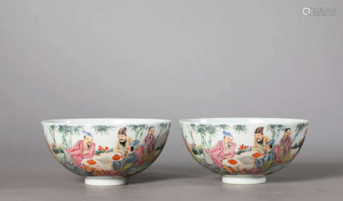 A Pair of Chinese Porcelain Famille-Rose Story Bowls Marked ...