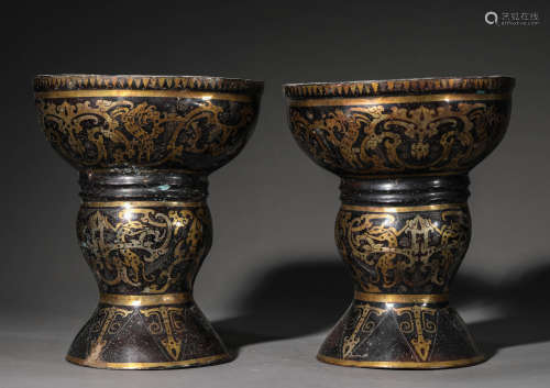 A Pair of Chinese Gold and Silver Inlaid Bronze Vases