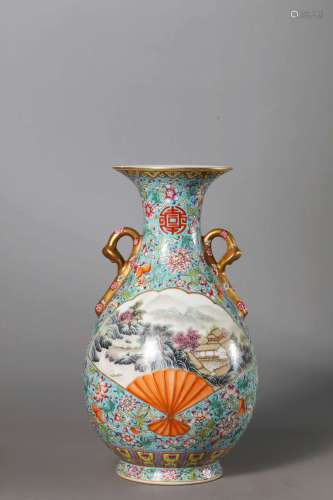 A Chinese Porcelain Turquoise-Ground Mountain and Figure Vas...