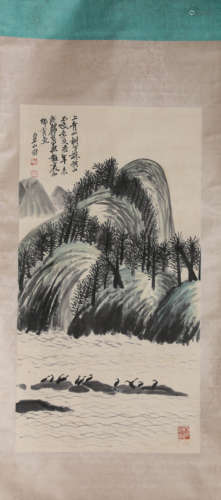 A Chinese Scroll Painting of Mountains and Rivers by Qi Bai ...