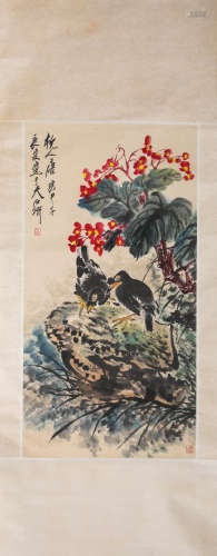 A Chinese Scroll Painting of Birds and Flowers by Tang Yun