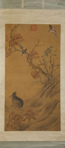 A Chinese Scroll Painting of  Birds by Cui Bai