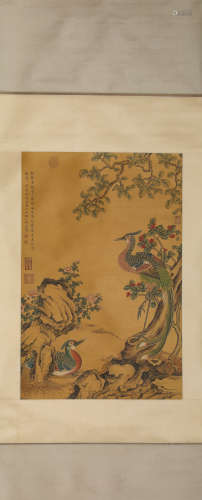 A Chinese Scroll Painting of Flowers and Birds by Zou Yi Gui