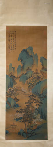 A Chinese Scroll Painting of Mountians and Rivers by Qiu Yin...