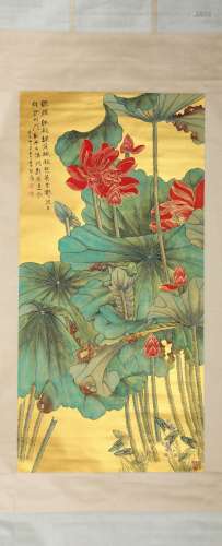 A Chinese Scroll Painting of Lotus by Zhang Da Qian