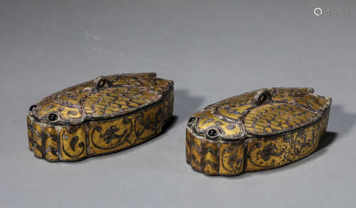 A Pair of Chinese Gold and Silver Inlaid Bronze Boxes and Co...