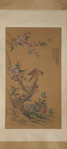 A Chinese Scroll Painting of Flowers and Birds by Lang Shi N...