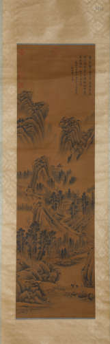 A Chinese Scroll Painting of Mountains and Rivers by Wang Hu...