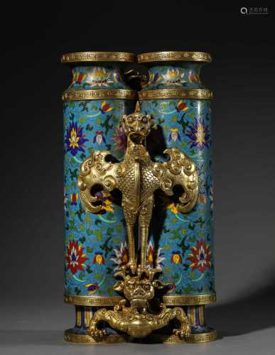 A Chinese Cloisonne Enamel Dragon and Phoenix Conjoined Vase...