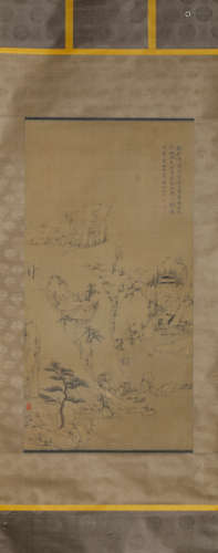 A Chinese Scroll Painting of Mountains and Rivers by Hong Re...