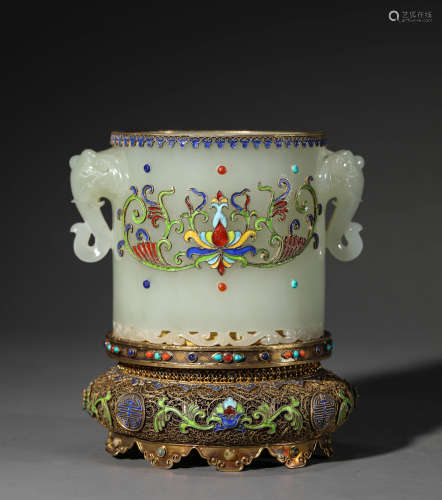 A Chinese Jade and Silver Gilding Brush Pot