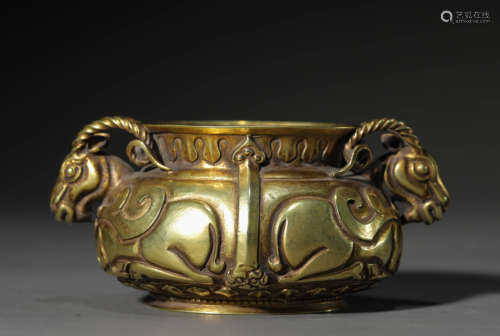 A Chinese Gold Plated Sterling Silver Beast Censer Marked Qi...