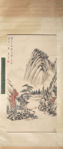 A Chinese Scroll Painting of Mountains and Rivers by Qi Gong