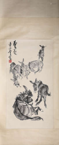 A Chinese Scroll Painting of Donkeys by Huang Zhou