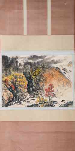 A Chinese Scroll Painting of Mountains and Rivers by Guan Sh...