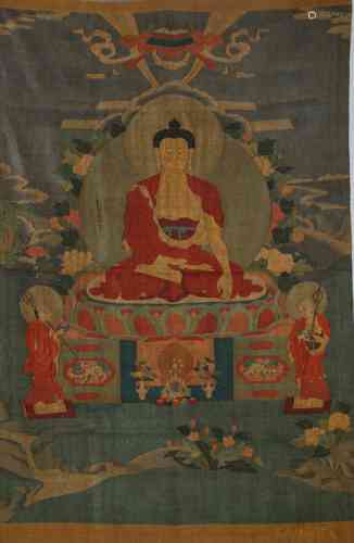 A Chinese Silk Painting of Sakyamuni Satue Marked Jia Jing