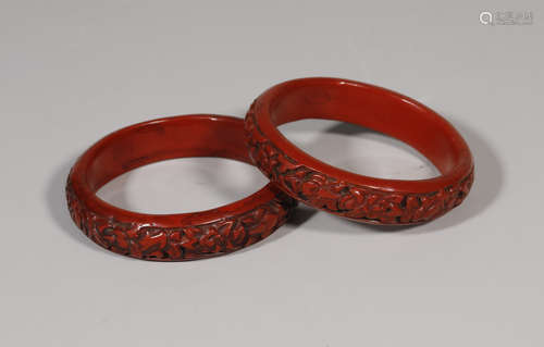 Pair Carved Cinnabar Lacuqer Bangles Qing Style