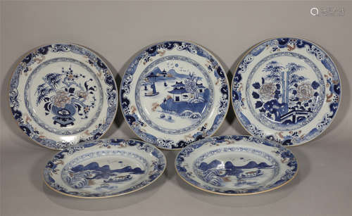 Five Blue and White Plates Yongzheng Style